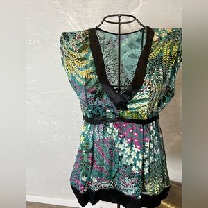 Silk Floral Print Tunic Top Sheer Chiffon Satin Hem L